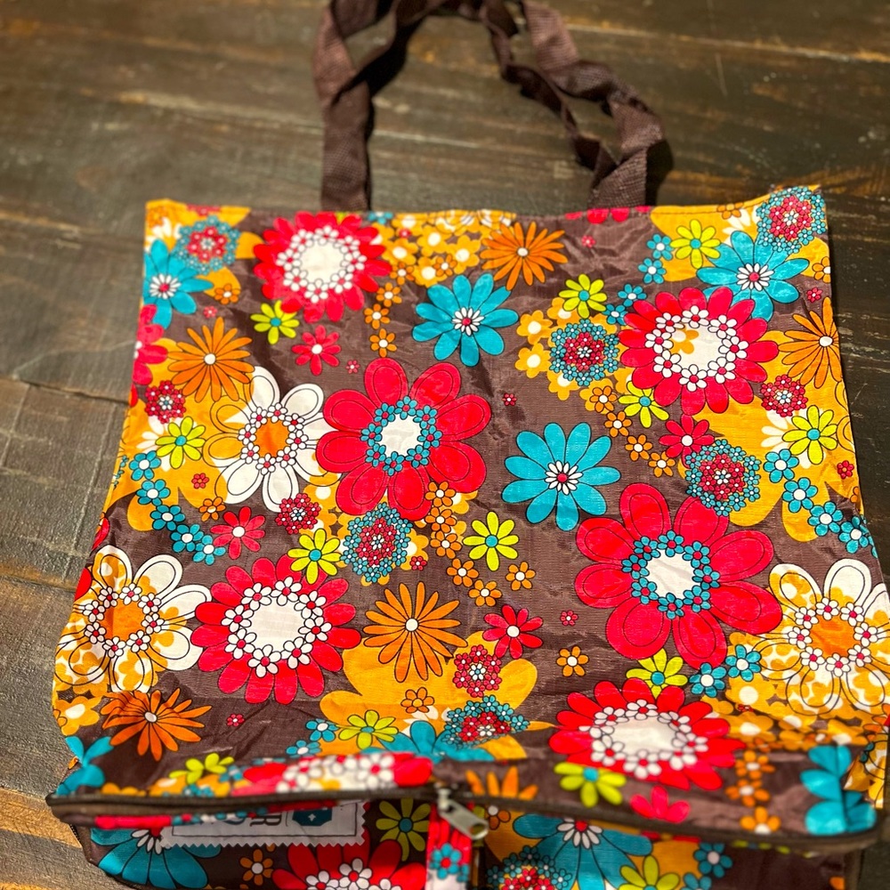 Nurse Super Power Chocolate Brown Floral 16 x 14 Polyester Fabric Tote Handbag